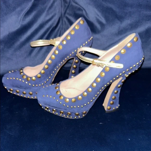 Miu Miu Blue and Gold Studded Heels - Picture 5 of 5